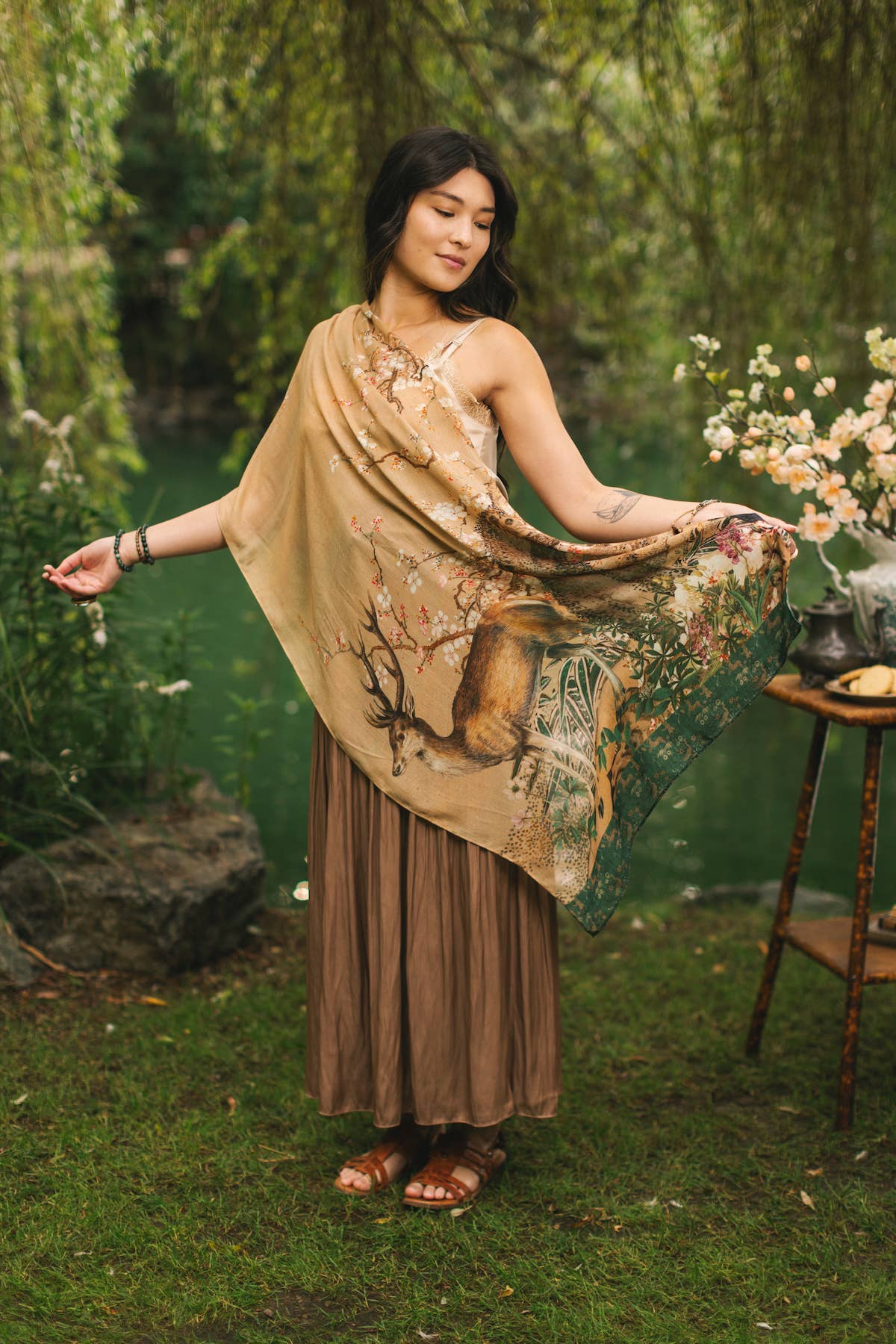 Fable Bohemian Floral Scarf with Deer & Moon