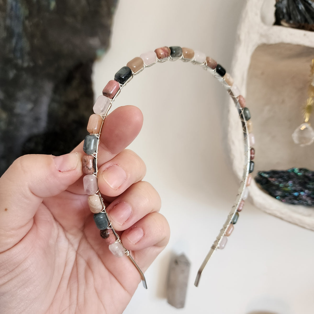 Rhodonite, Black Moonstone, Peach Moonstone and Rose Quartz Headband
