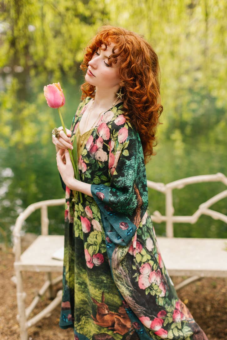 The Daydreamer Goddess Duster Kimono w/ Florals & Rabbits