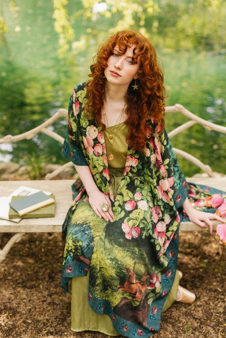 The Daydreamer Goddess Duster Kimono w/ Florals & Rabbits