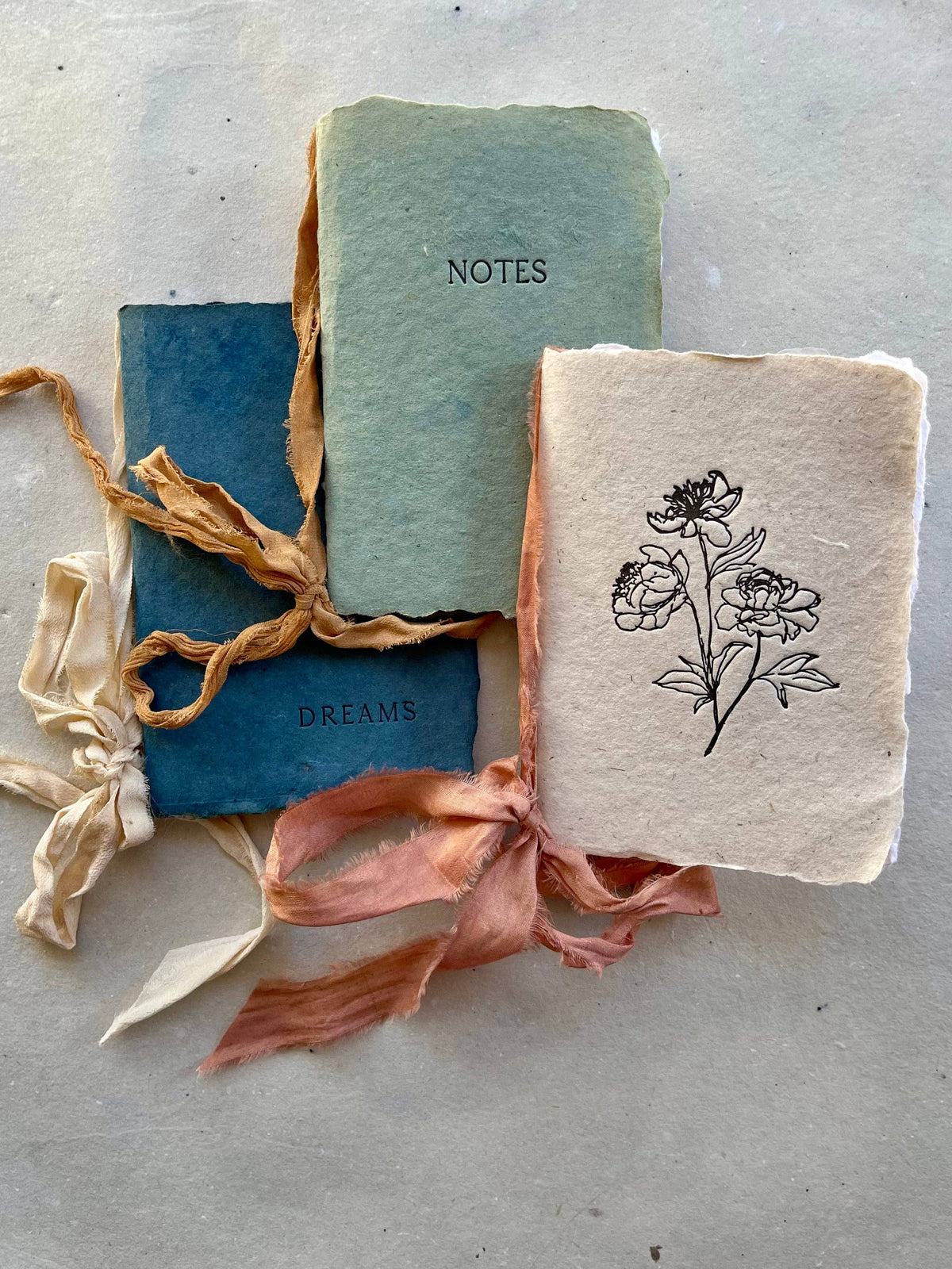 Peony Notebook w vanilla paper &watermelon silk ribbon
